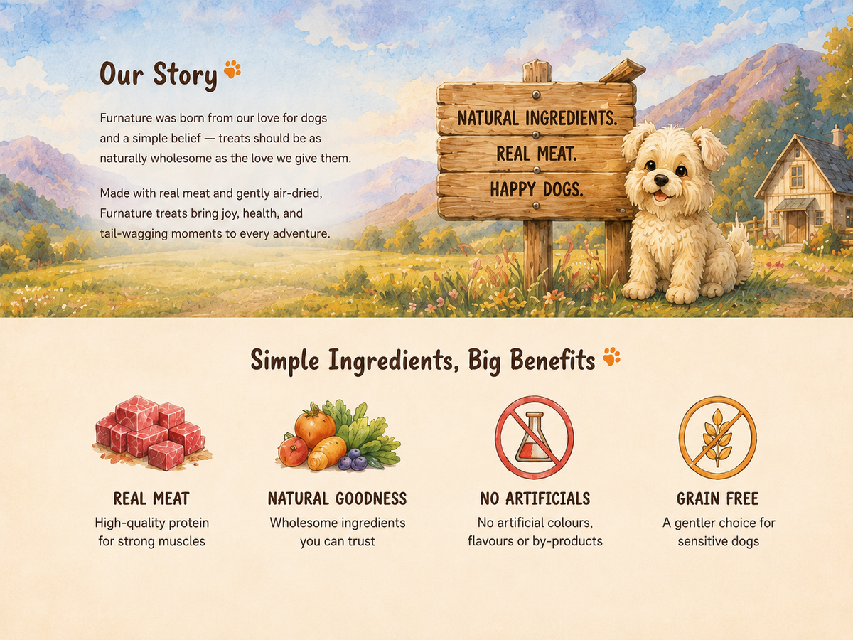 Furnature was born from our love for dogs and a simple belief - treats should be as naturally wholesome as the love we give them. Made with real meat and gently air-dried, Furnature treat brings joy, health and tail-wagging moments to every adventure.